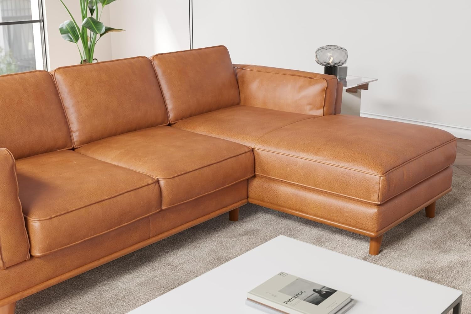 Italian Leather Sectional Sofa Chaise - Solid Wood - Modern Cognac Couch