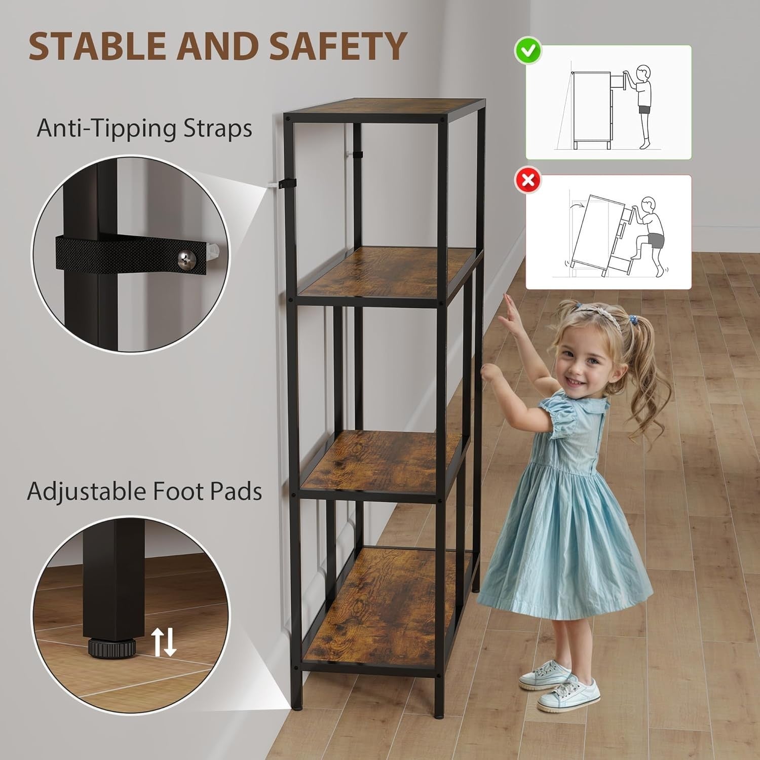 4 Tier Industrial Bookcase Rustic Brown Metal Frame Freestanding Shelf 116cm