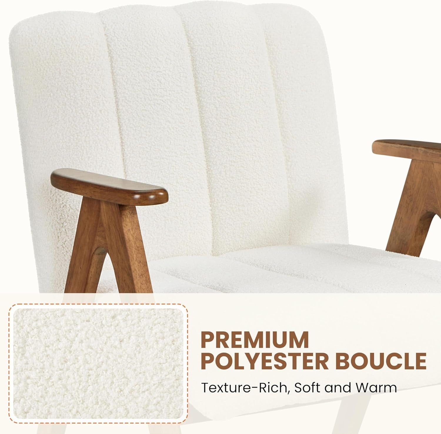 Boucle Accent Armchair Mid Century Lounge Chair Solid Wood Legs White