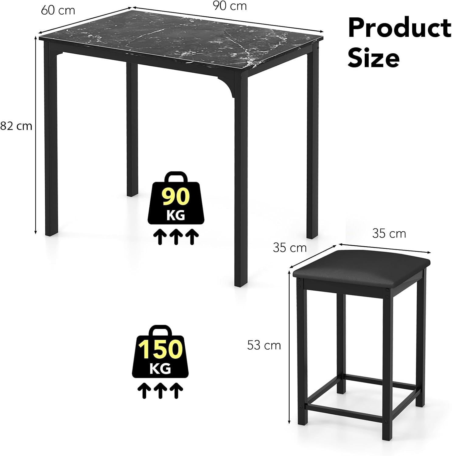 3 Piece Breakfast Bar Table Set with Stools Modern Small Space Dining Black