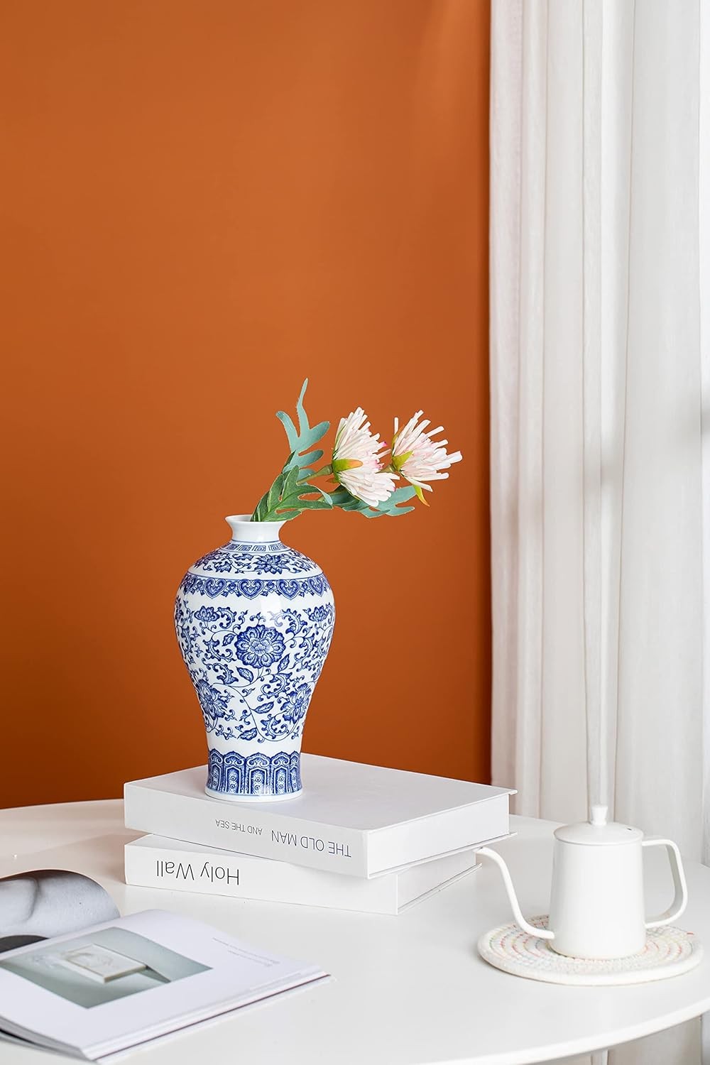 Blue White Ceramic Vase Chinoiserie Floral Table Centerpiece 9 Inch