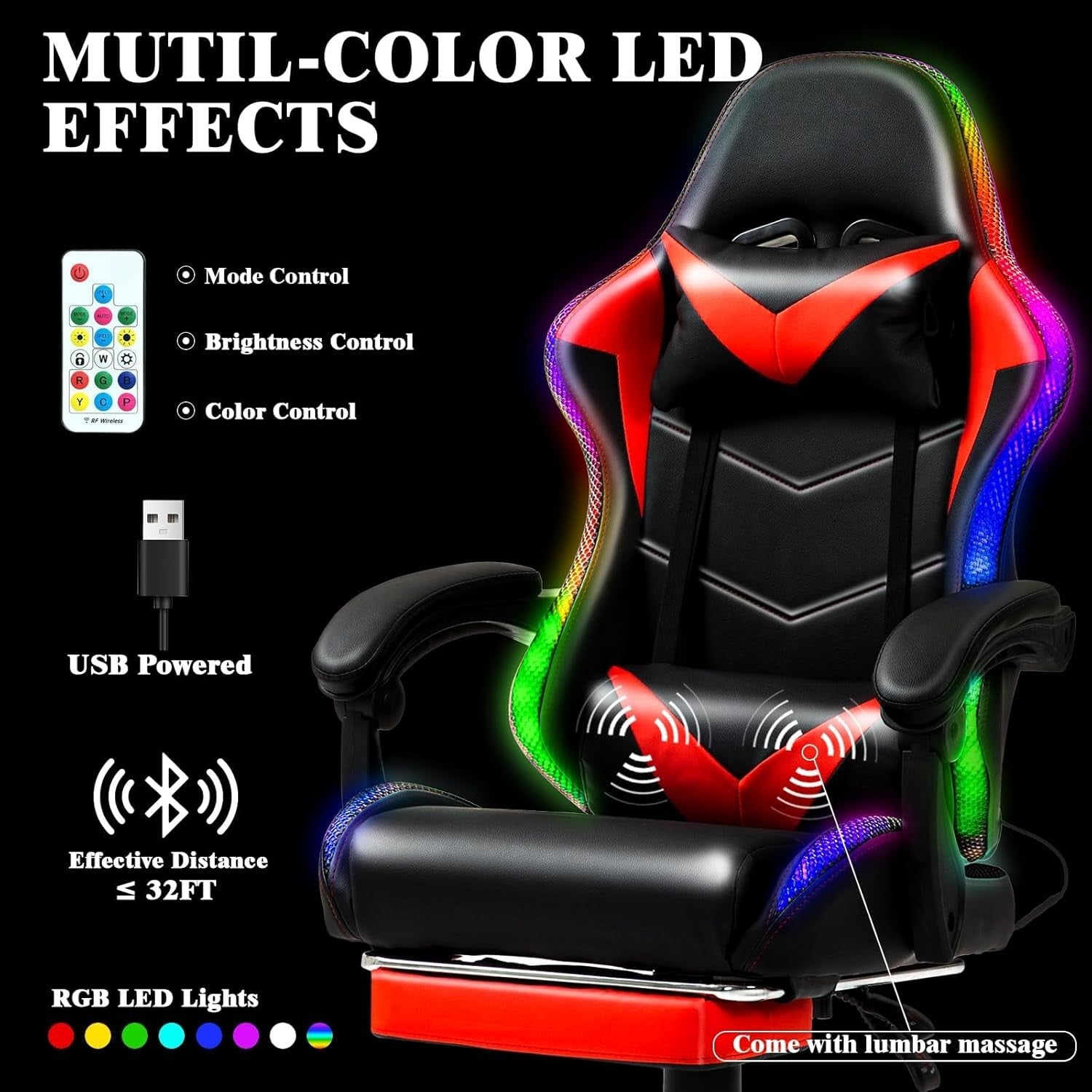 RGB LED Gaming Chair Reclining Racing Office Chair w/ Footrest