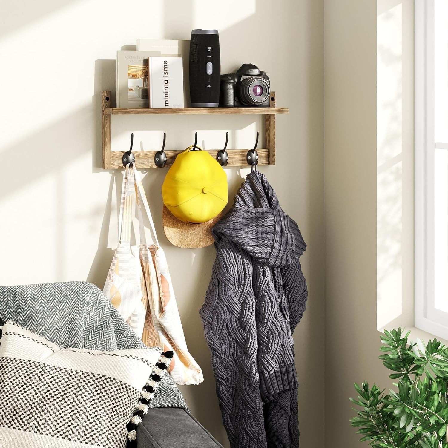 Wooden Wall Coat Rack with Shelf 43.5cm | 5 Hooks for Coats Hats Bags Keys