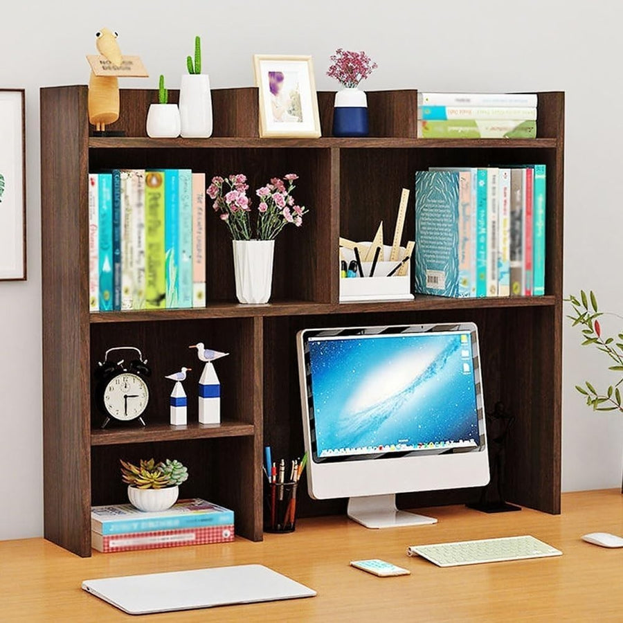 Brown Desk Hutch Bookshelf Organizer | 9-Grid Desktop Storage Shelf 90cm