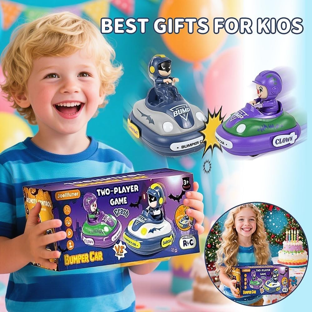 2 Pack RC Bumper Cars for Kids – Bat Design, Lights, Sound & Ejecting Drivers