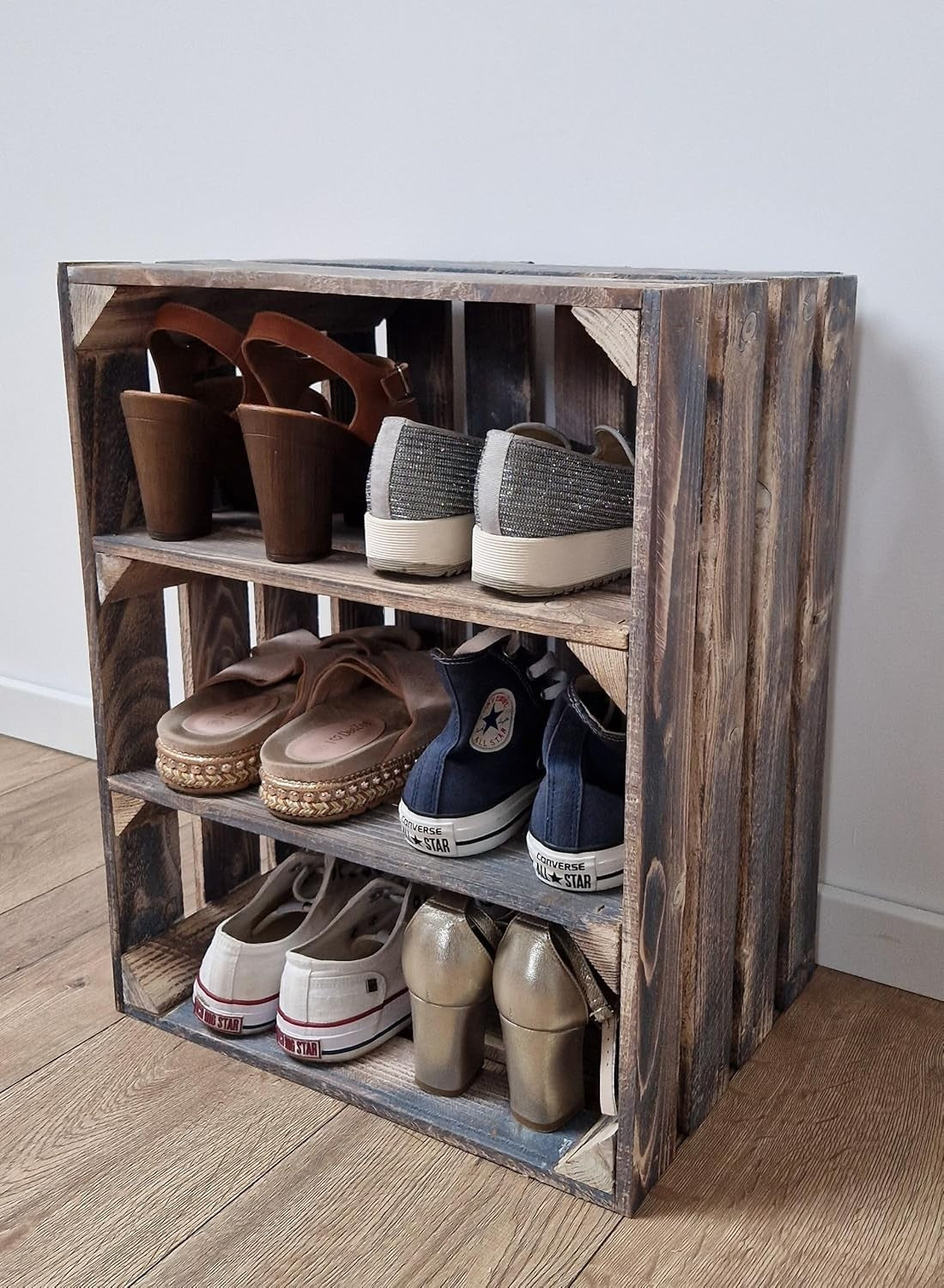 4-Tier Grey Wooden Crates Storage Shelf Organizer 50x40x30cm Durable
