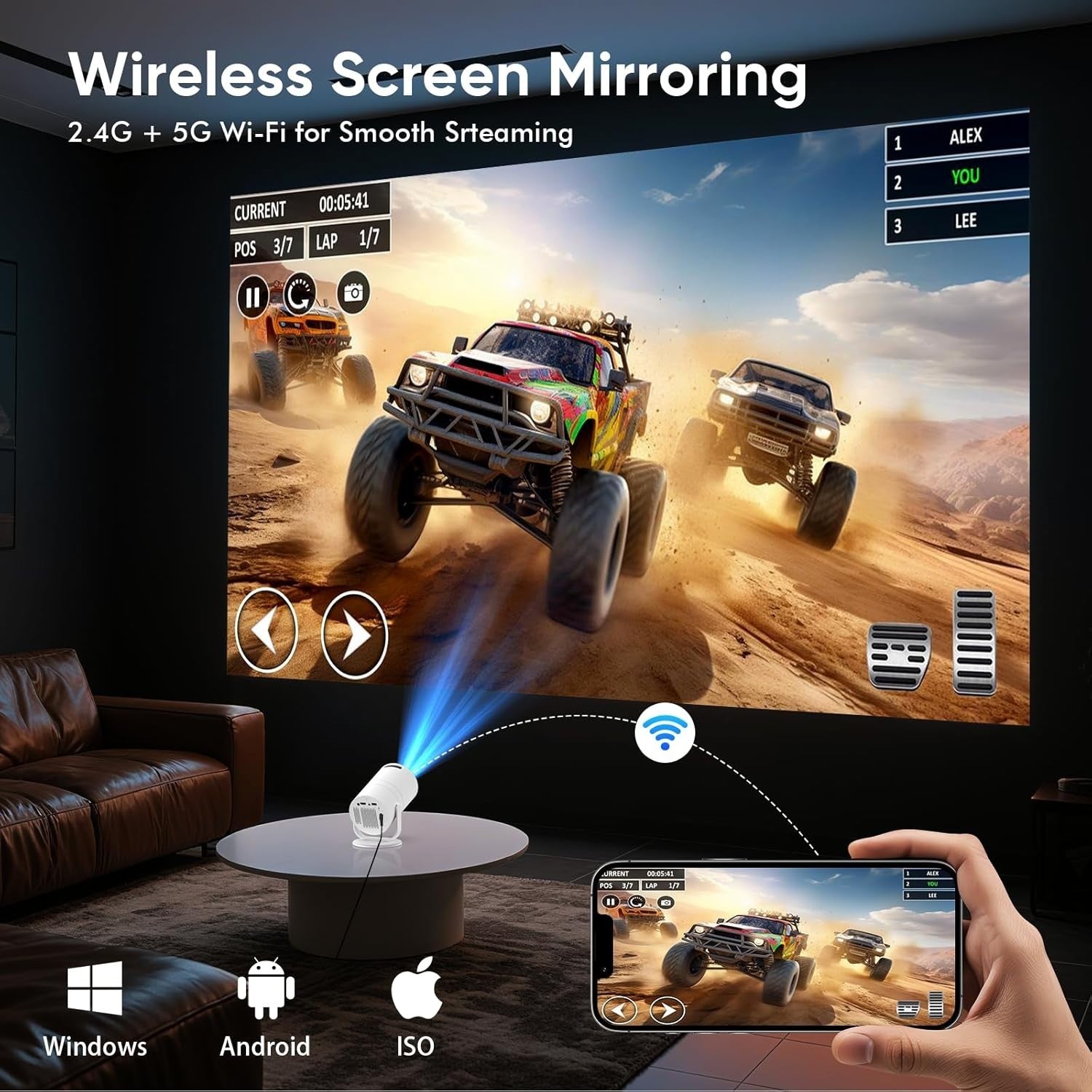 Android 14 WiFi 6 Mini Projector 1080P Bluetooth 180° Portable