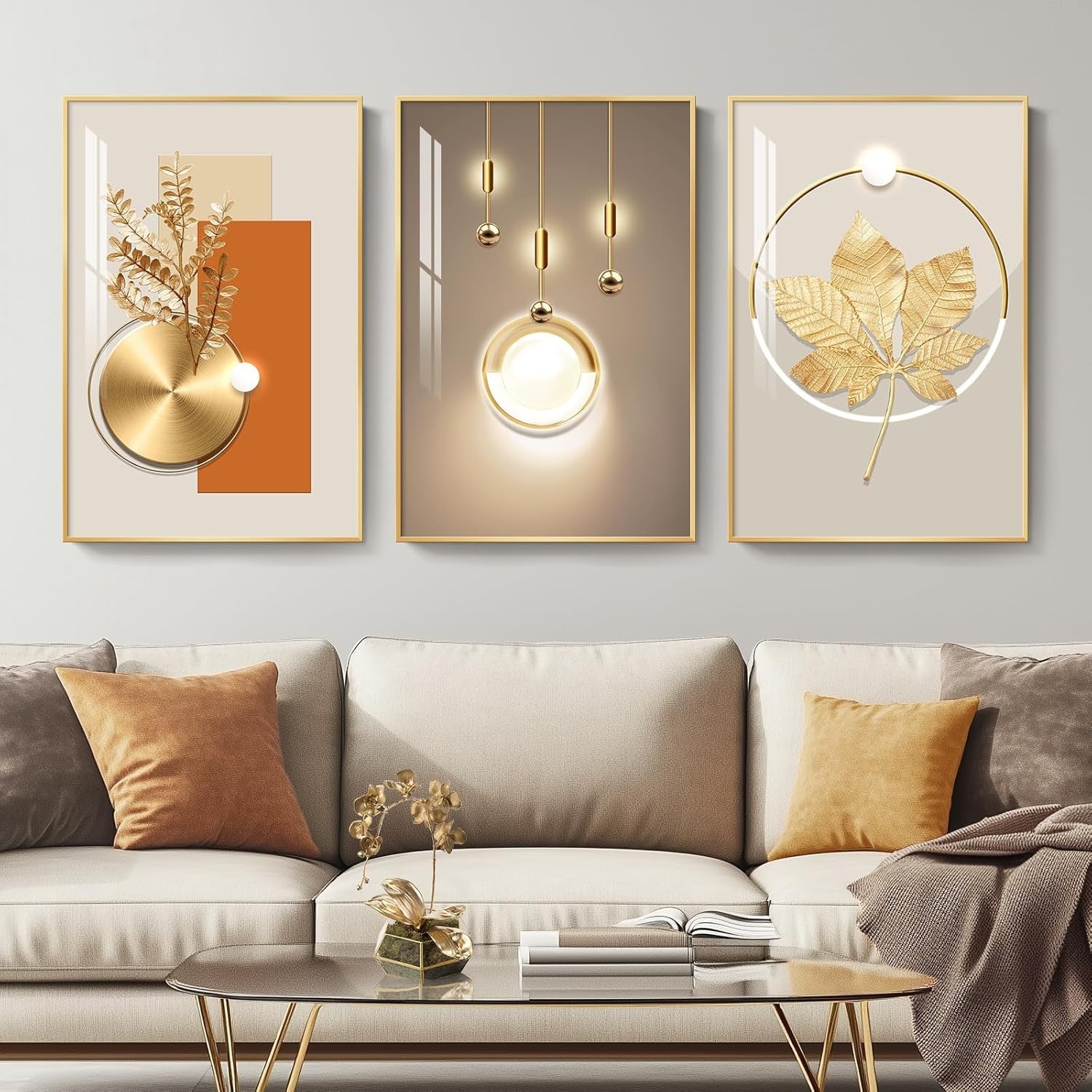 Gold Framed Wall Art Set of 3 Modern Luxury 16x24 Prints