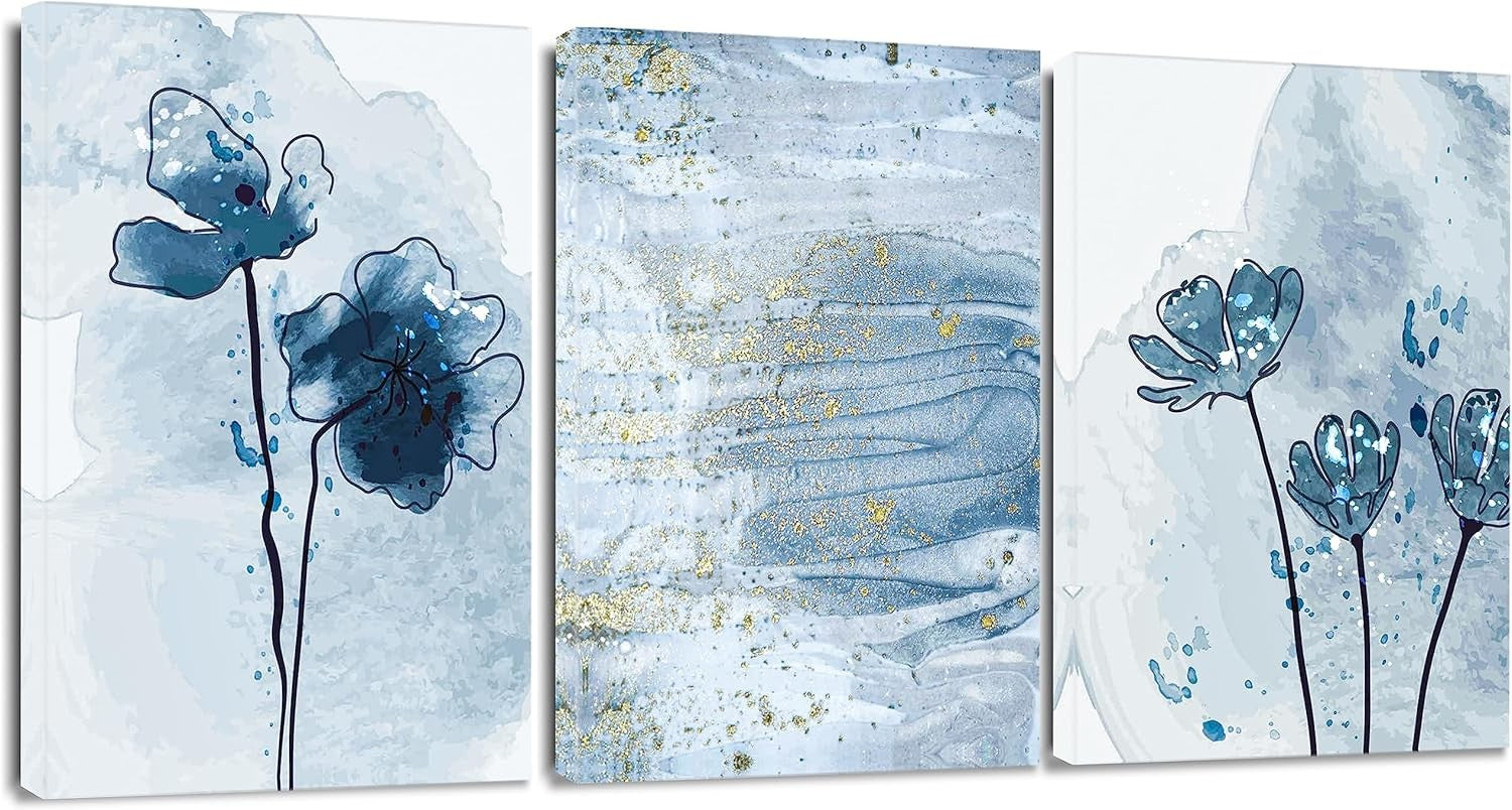3 Piece Blue Gold Abstract Canvas Wall Art 30x40cm Framed Set
