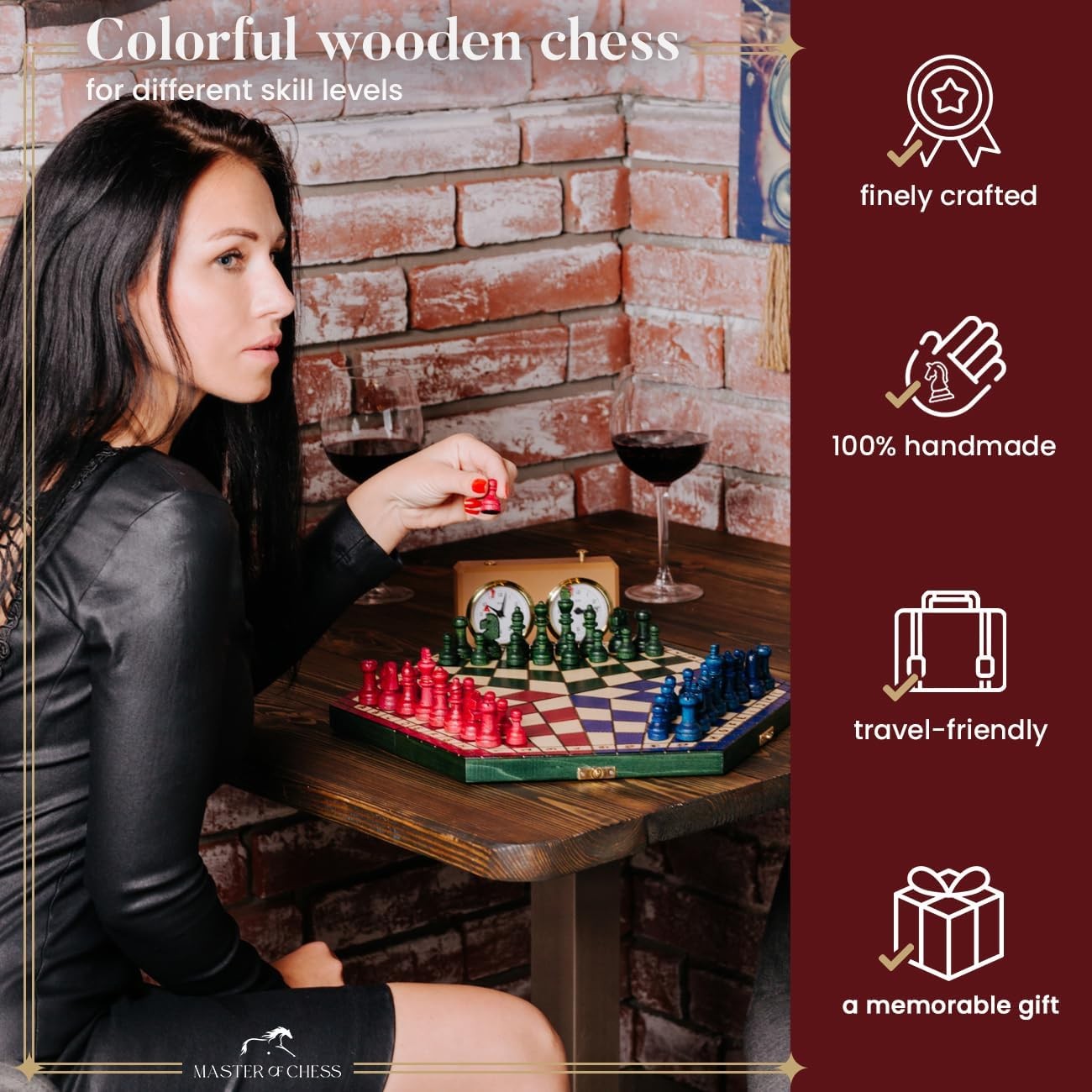3-Player Wooden Travel Chess Set Hexagonal Board 28×33cm Handcrafted Game