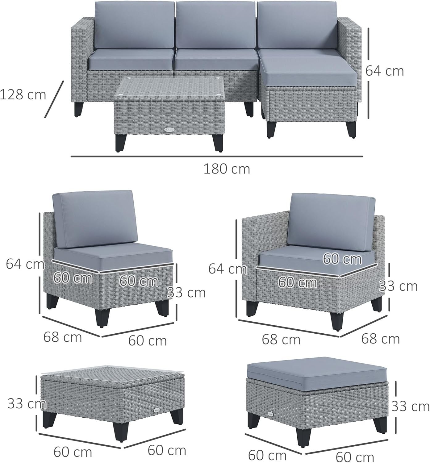 5-Piece Grey Rattan Garden Sofa Set with Cushions & Glass Coffee Table