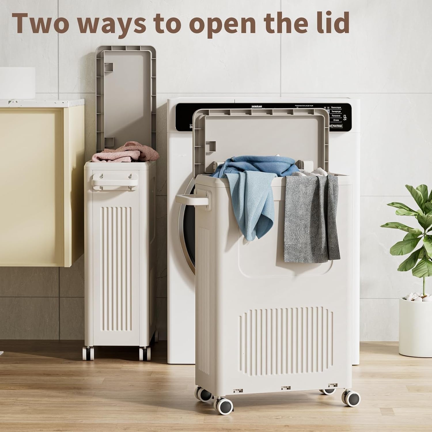 2-Pack 50L Slim Laundry Baskets with Lid & Wheels | Narrow Rolling Hampers Set