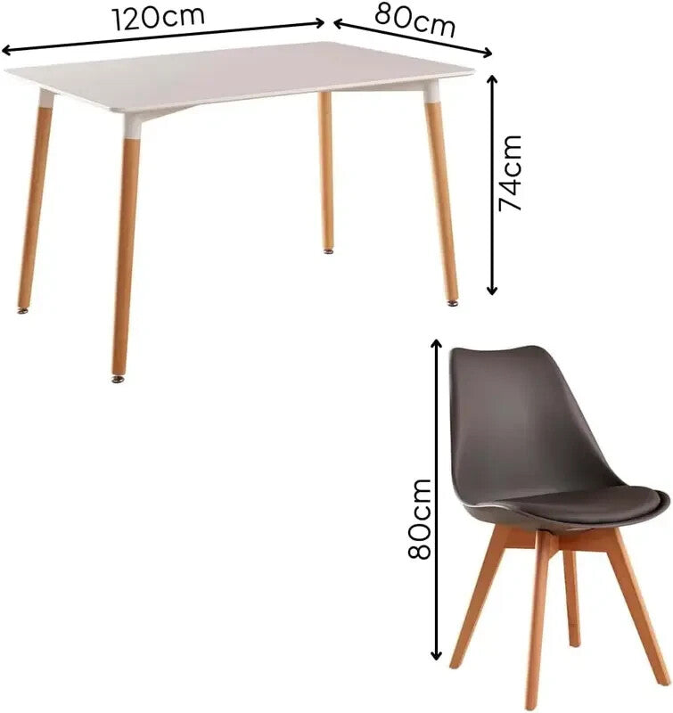 White Dining Table Set 4 Grey Padded Chairs 120cm Modern Kitchen Room