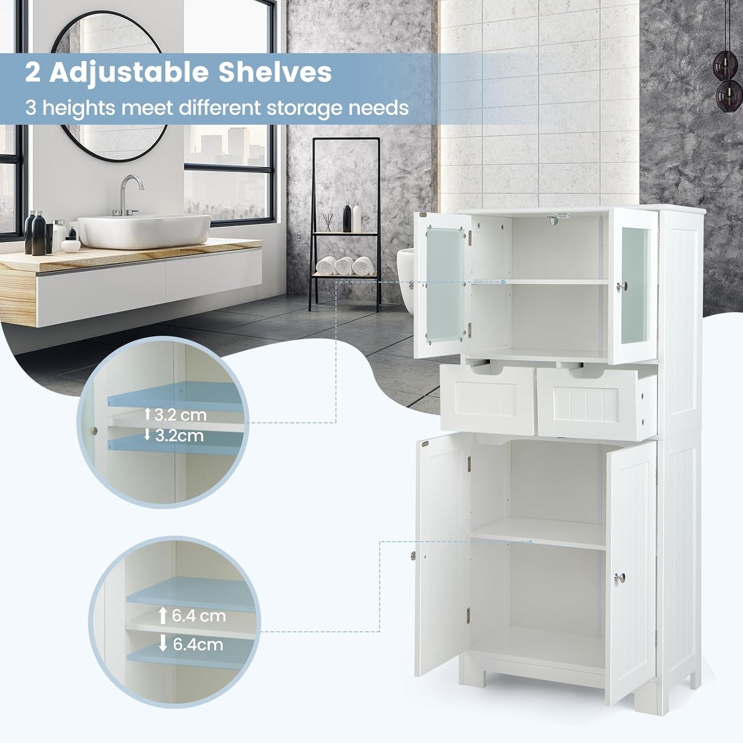 White Freestanding Storage Cabinet with Glass Doors & Drawers Shelves