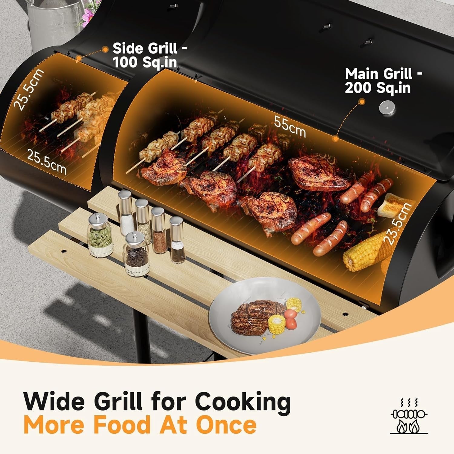 Barrel Charcoal BBQ Grill with Offset Smoker & Thermometer – 2-in-1 Outdoor