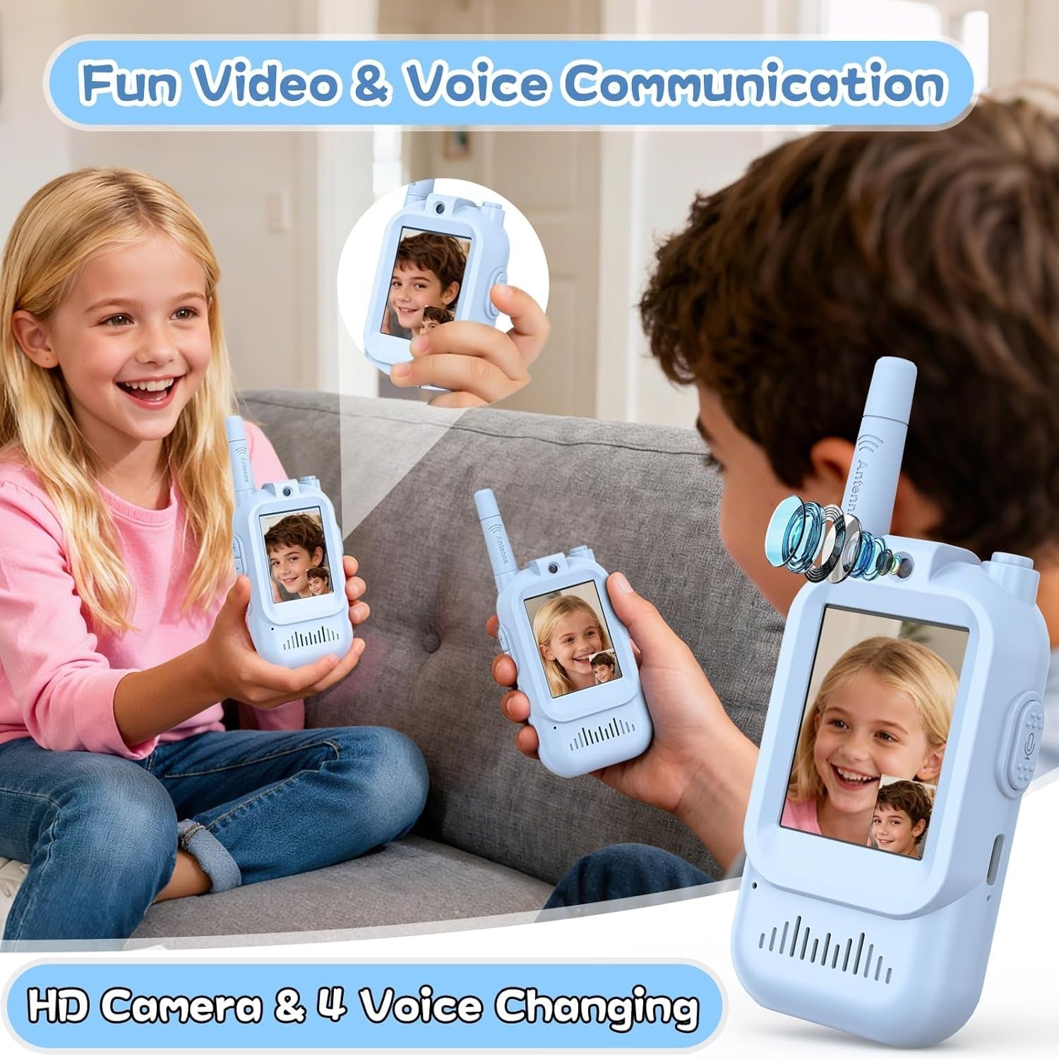 Video Walkie Talkies for Kids Long Range 2 Way Radio Toy 2 Pack Blue