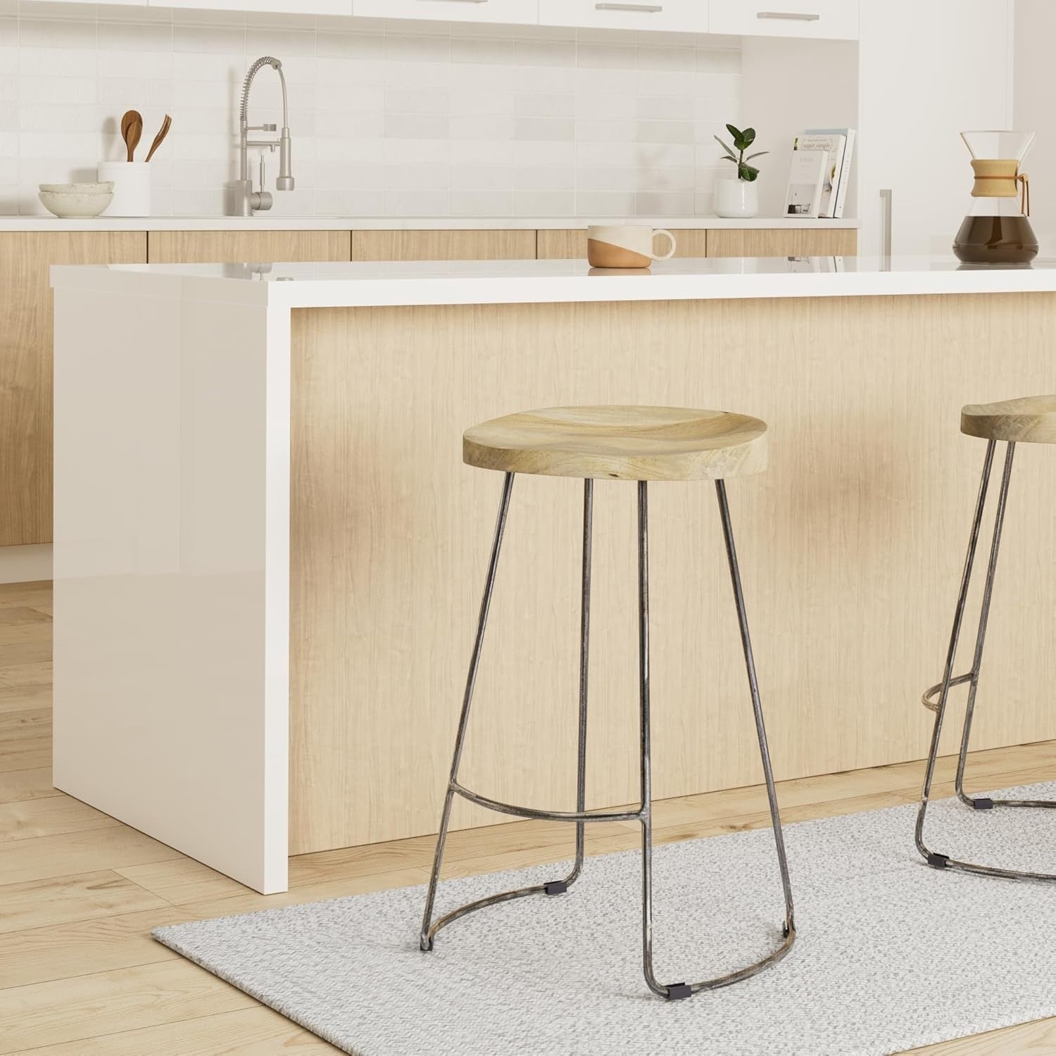 Designer Kitchen Bar Stool | Gun Metal Frame Wood Seat 70cm High