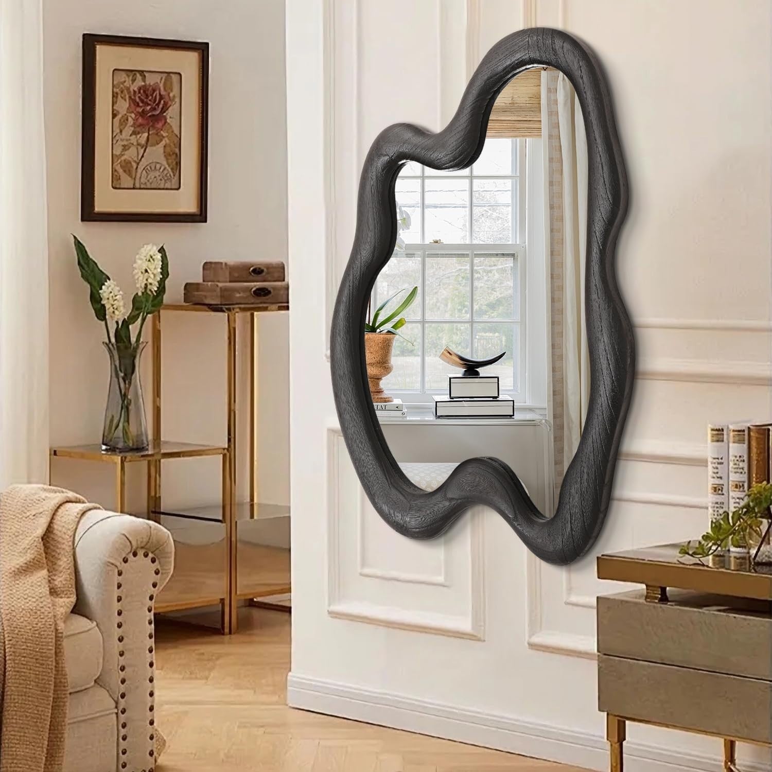 Large 80x60cm Black Irregular Wall Mirror Modern Asymmetrical Wood Frame