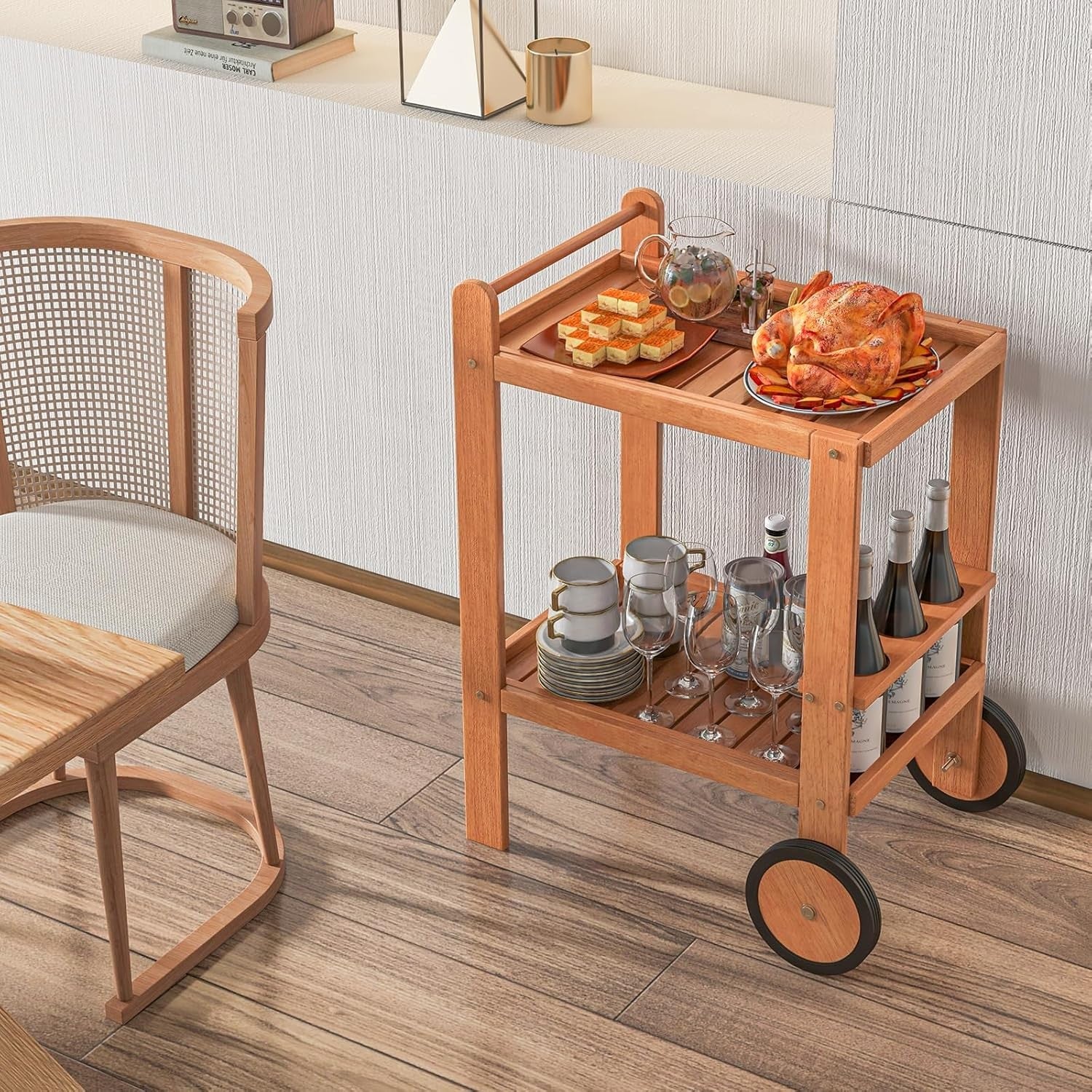 2 Tier Wooden Serving Cart on Wheels Bar Trolley Wine Rack Handle