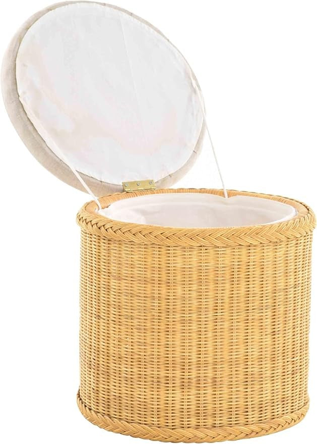 Round Rattan Laundry Basket Seat with Lid, 47×47×50cm Honey Storage Chest