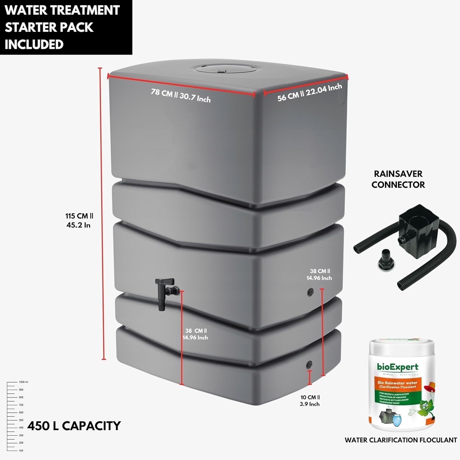 450L Tower Rainwater Butt With Tap Removable Lid & Diverter Grey