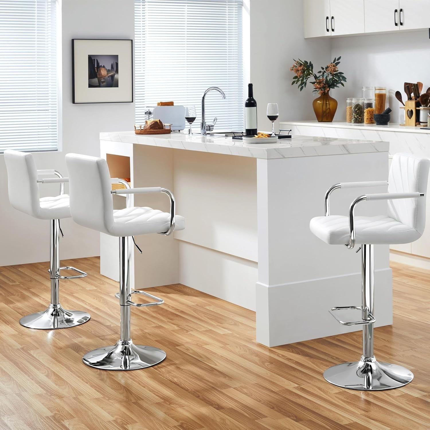 White Adjustable Swivel Bar Stools Set of 2 Faux Leather Armchairs