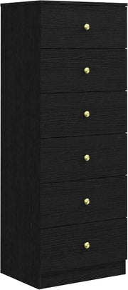Tall Black 6 Drawer Chest | Slim Storage Cabinet with Gold Handles