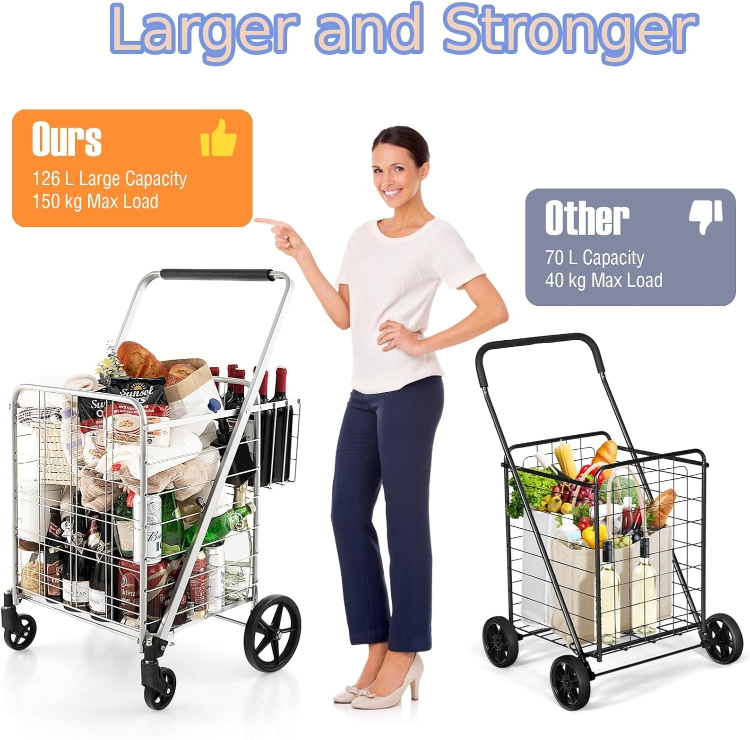 Heavy Duty Folding Shopping Trolley 4 Wheel Metal Grocery Cart Large Capacity
