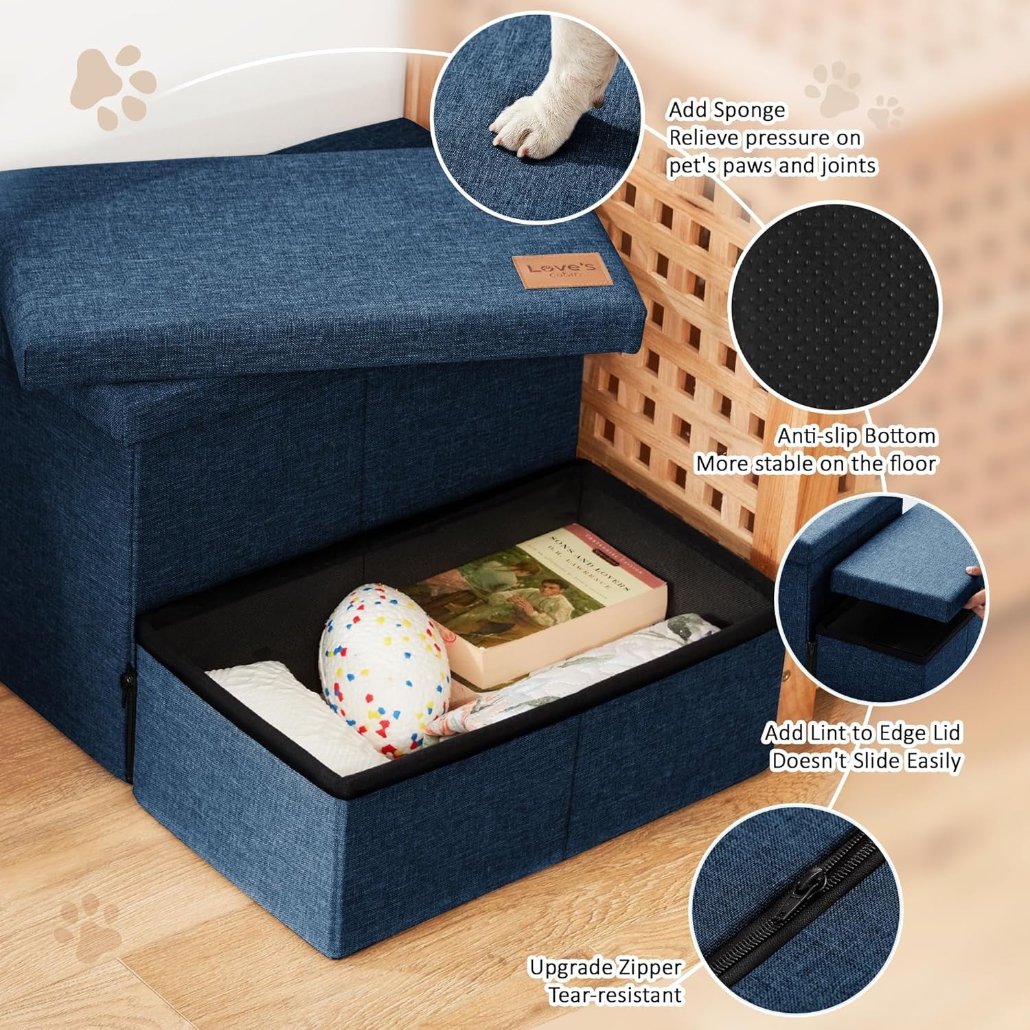 Dog Stairs with Storage 2 Step Foldable Pet Steps Ramp Navy 13"