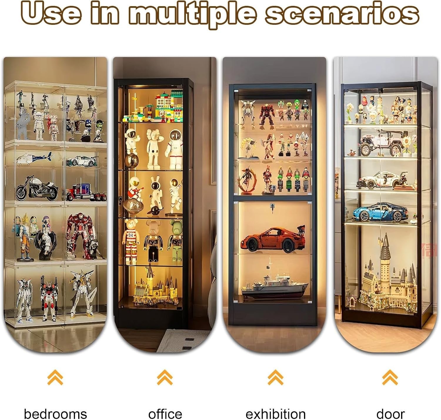 Glass Display Cabinet with Shelves, Lockable Wood Unit for Collectibles