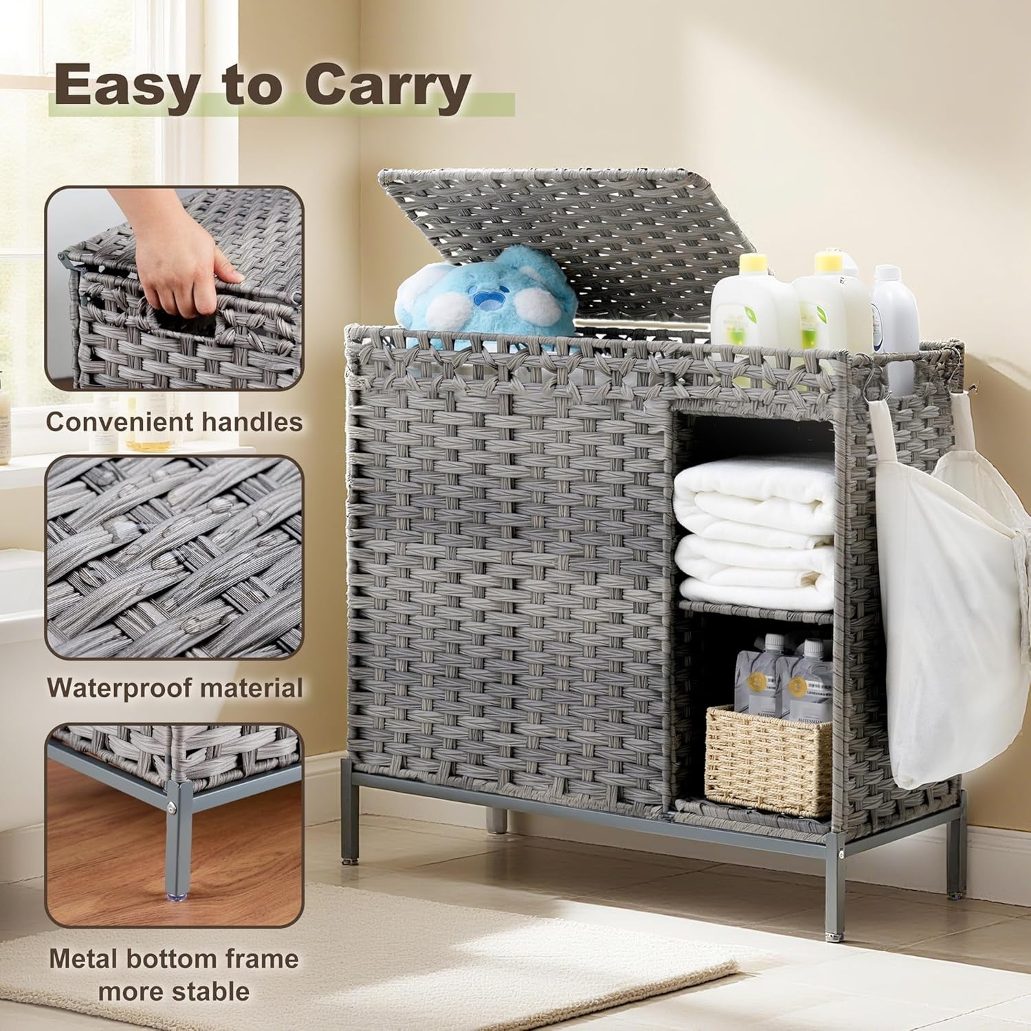 110L Grey Rattan Laundry Hamper 2 Section Basket with Lid & Storage Shelf