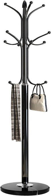 Black Metal Coat Rack Stand with Marble Base 12 Hooks Hall Tree for Entryway