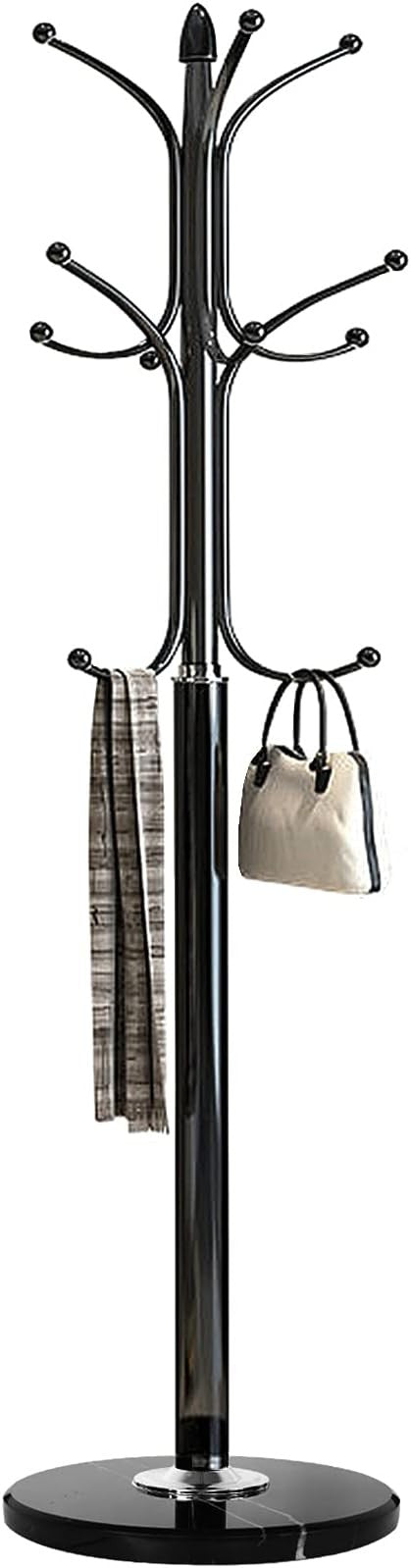 Black Metal Coat Rack Stand with Marble Base 12 Hooks Hall Tree for Entryway