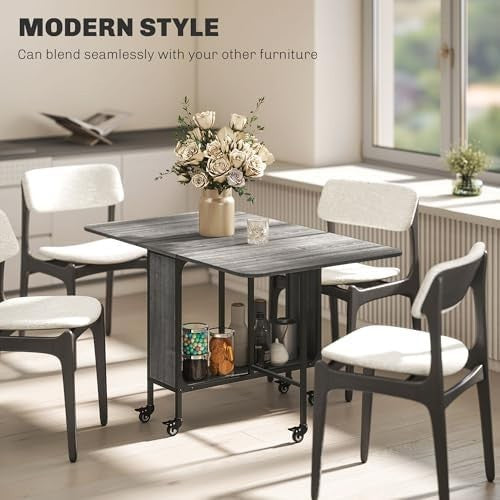 Folding Drop Leaf Dining Table with Wheels & Storage Shelf for Small Spaces