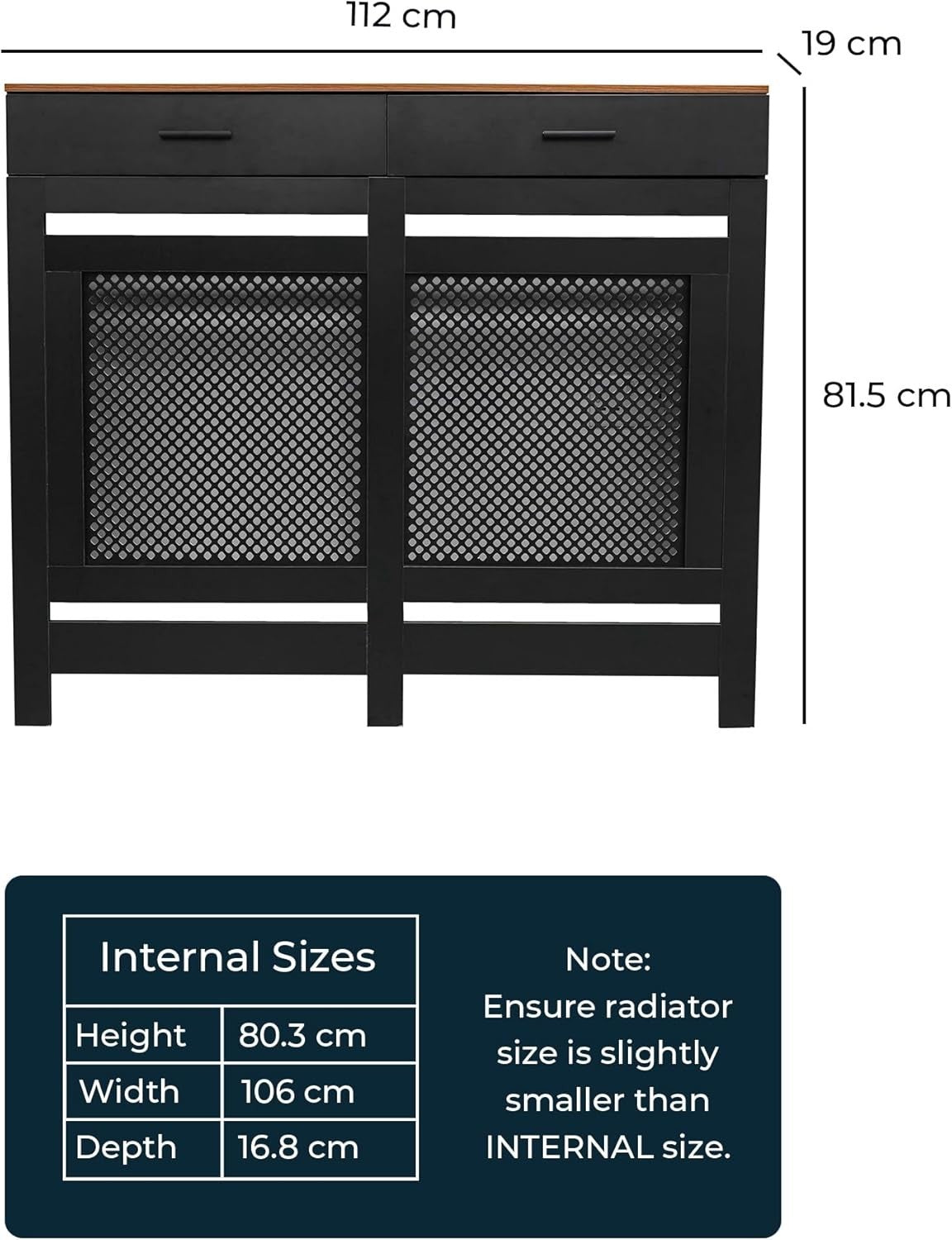 Black Radiator Cover with Drawer Diamond Slat W112xH96cm