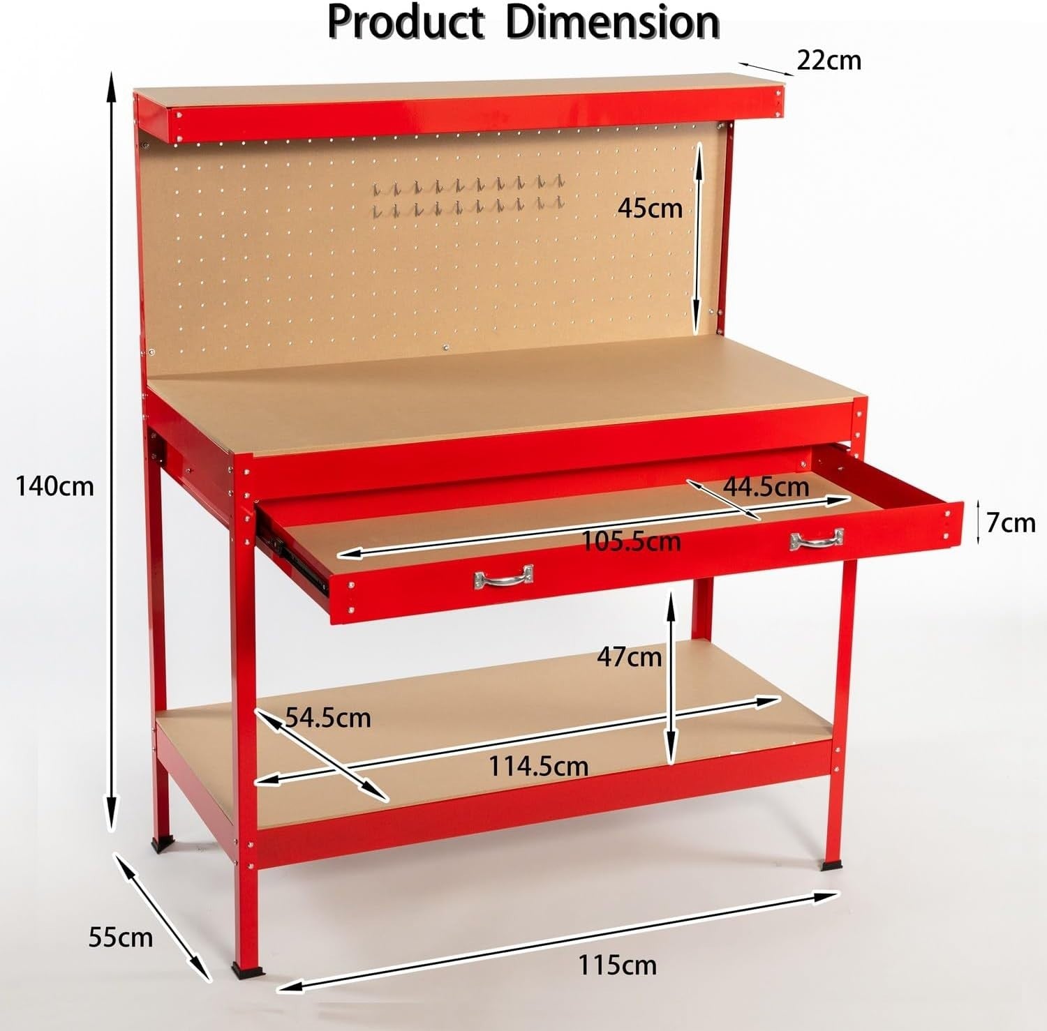 Red Steel Garage Workbench Tool Station w/ Drawer Pegboard Shelf DIY Storage