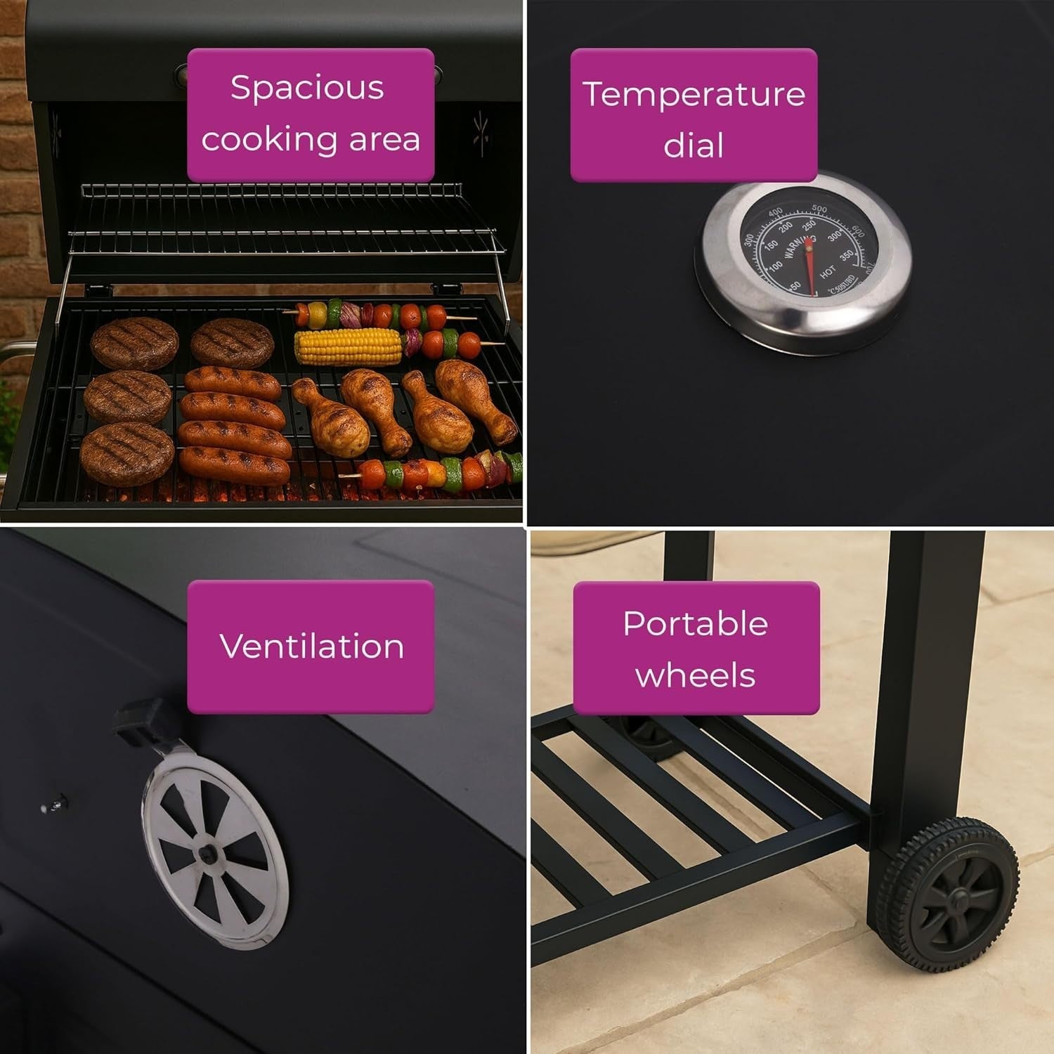 Portable Charcoal Smoker BBQ Grill | Adjustable Tray | Built-In Thermometer