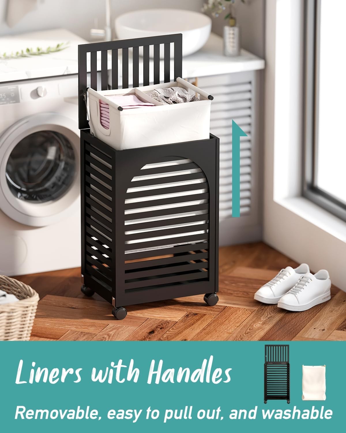 85L Black Bamboo Laundry Hamper on Wheels 2 Section Basket with Lid & Liner
