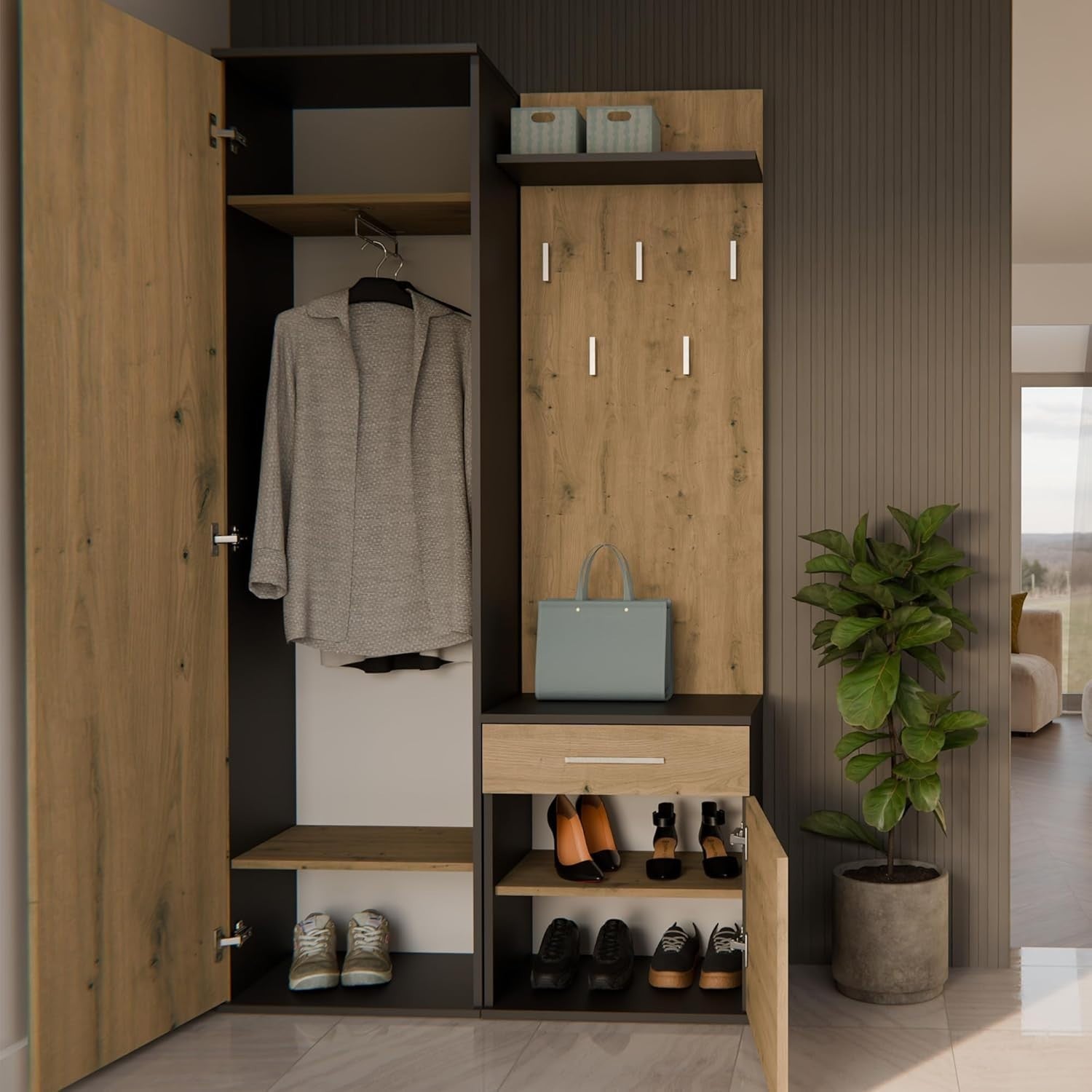 Modern Hallway Wardrobe with Shoe Storage, Hooks & Drawers, 180cm Tall