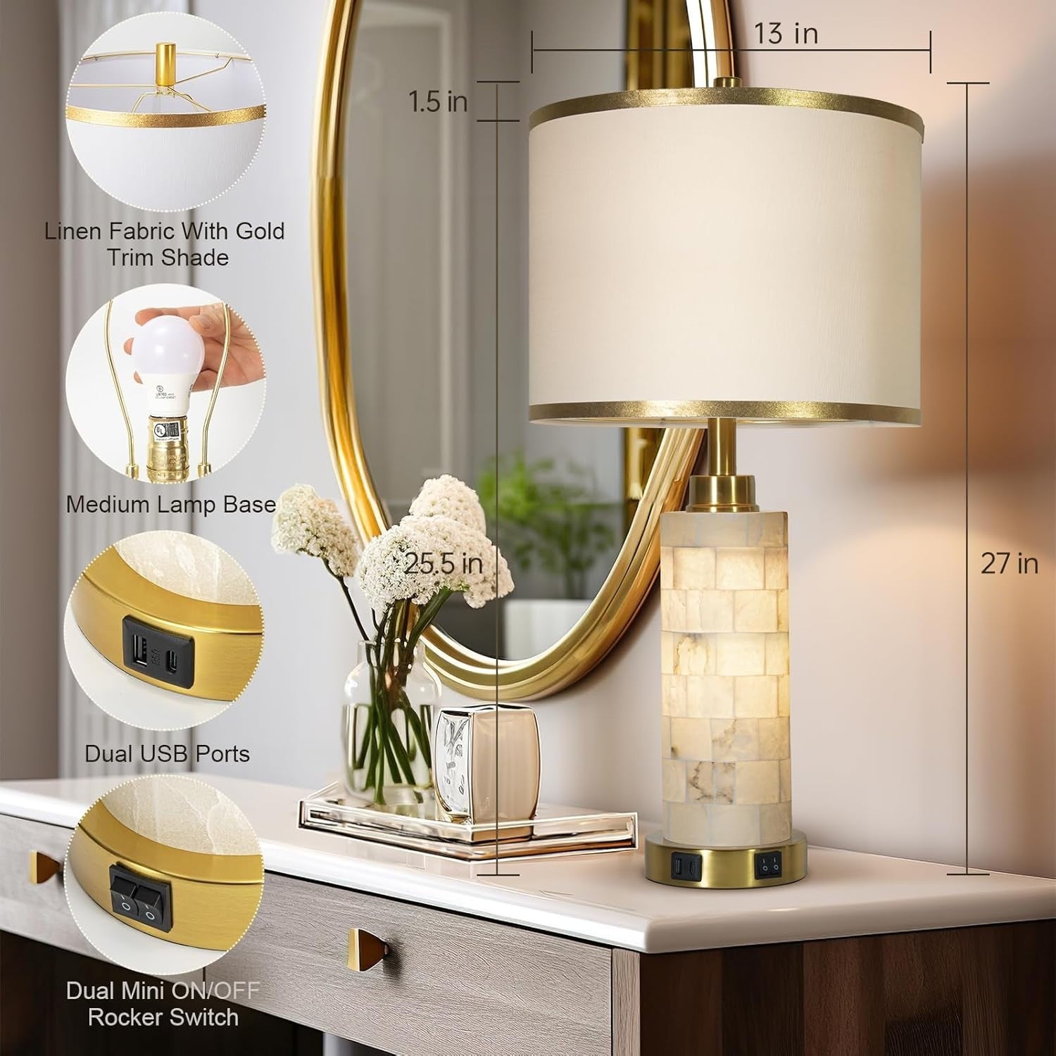 Set of 2 Natural Alabaster Table Lamps with USB Charging & Night Light