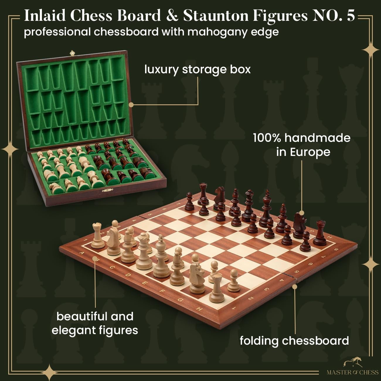 48cm Inlaid Wooden Chess Set with Weighted Staunton Pieces & Storage Box