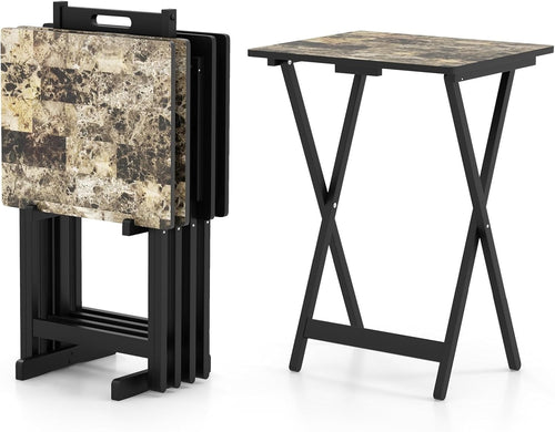 Set of 4 Folding Tray Tables with Rack Portable Faux Marble TV Snack Tables