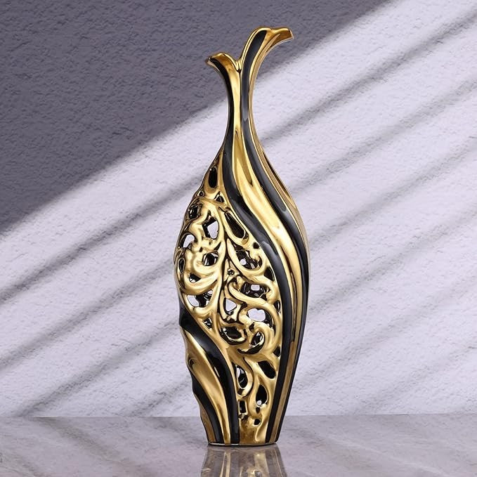 Tall Black Gold Floor Vase 50cm Modern Pampas Grass Luxury Decor