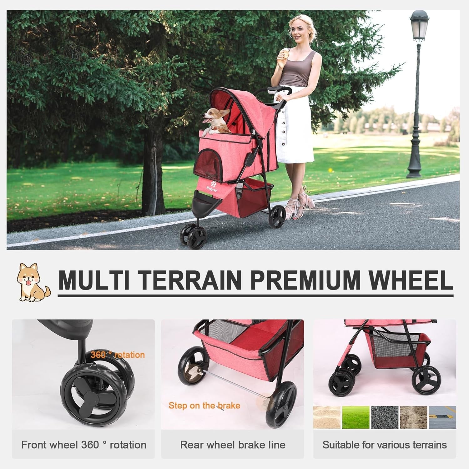 Rose Red Folding Dog Pram Pet Stroller Pushchair for Small Medium Dogs