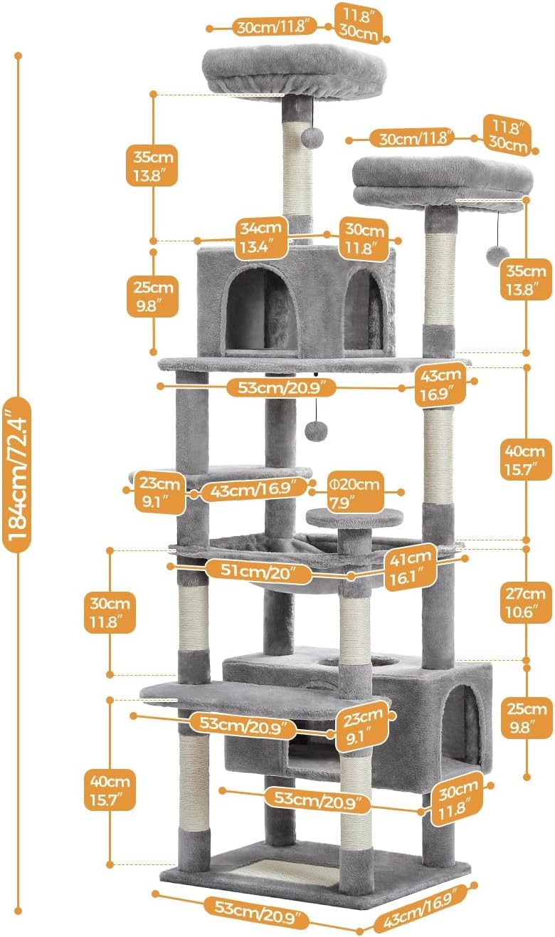Large Cat Tree 184cm Extra Tall Multi Level Tower For Big Cats With Condo