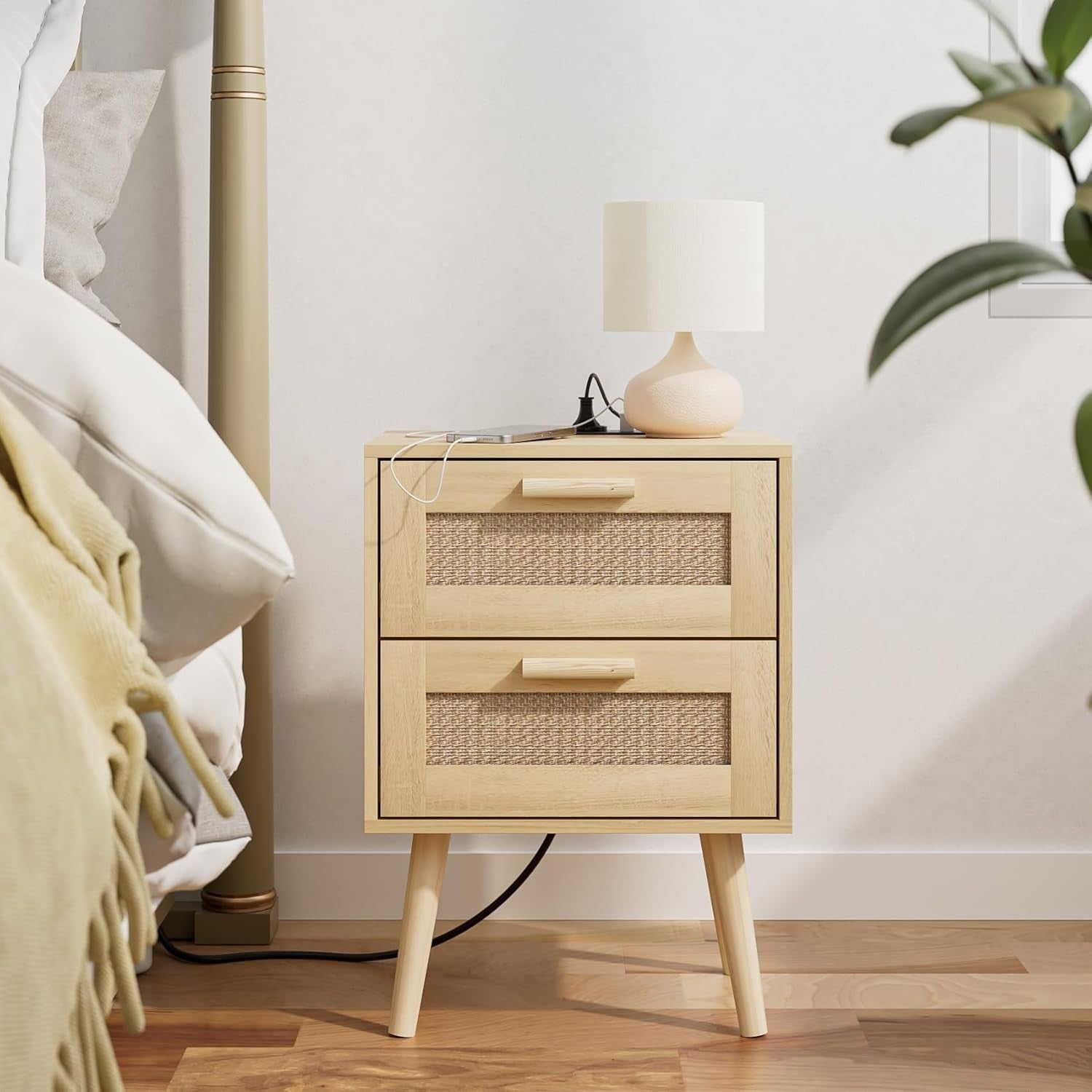 Rattan Bedside Table with 2 Drawers | Natural Wooden Nightstand for Bedroom