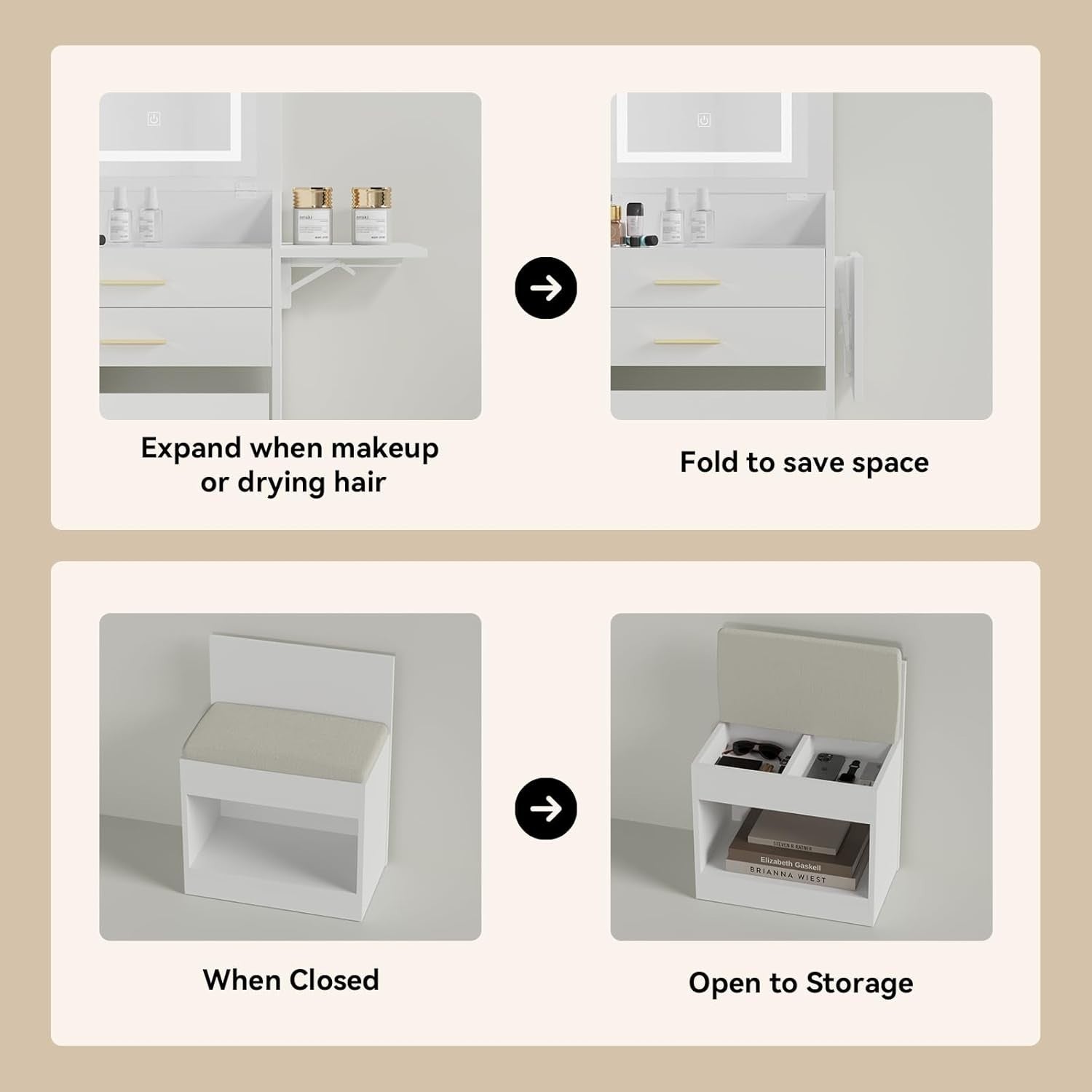 White Foldable Vanity Desk w/ Lighted Mirror & Stool Small Space 2 Drawers