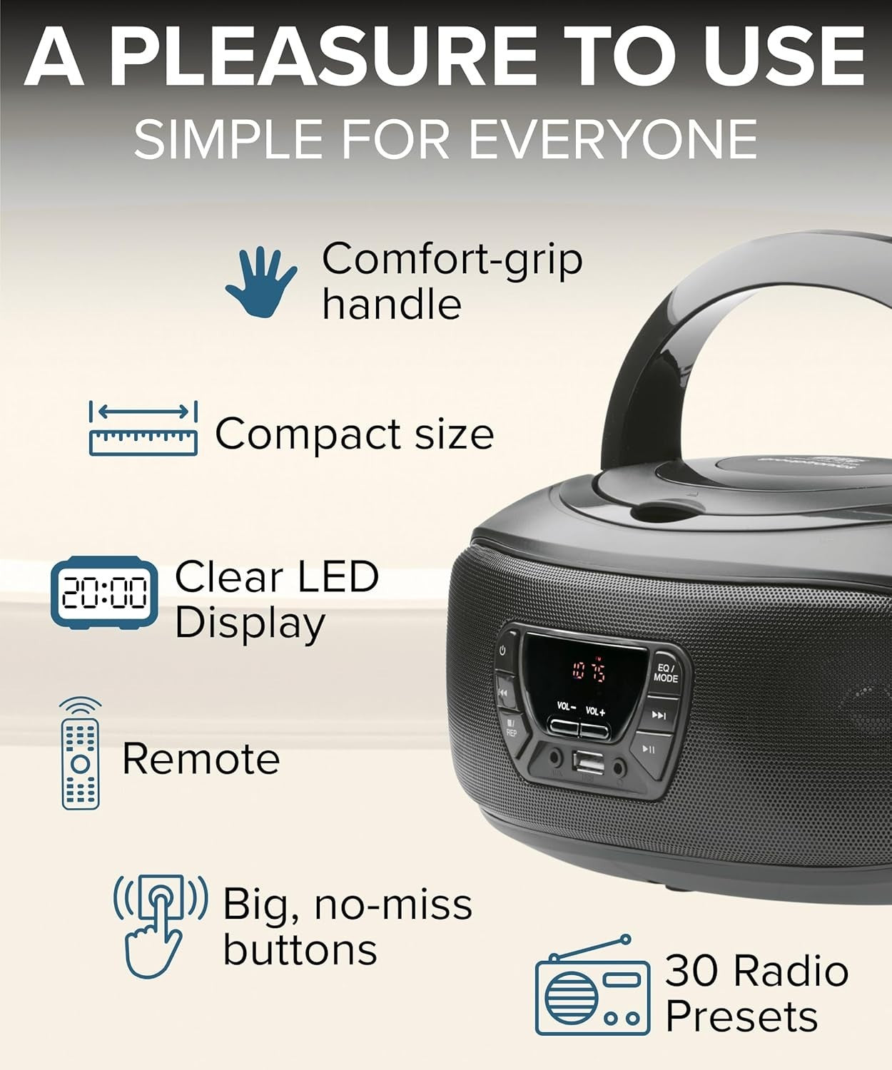 Portable Boombox CD Player FM Radio USB AUX Stereo Speakers Black