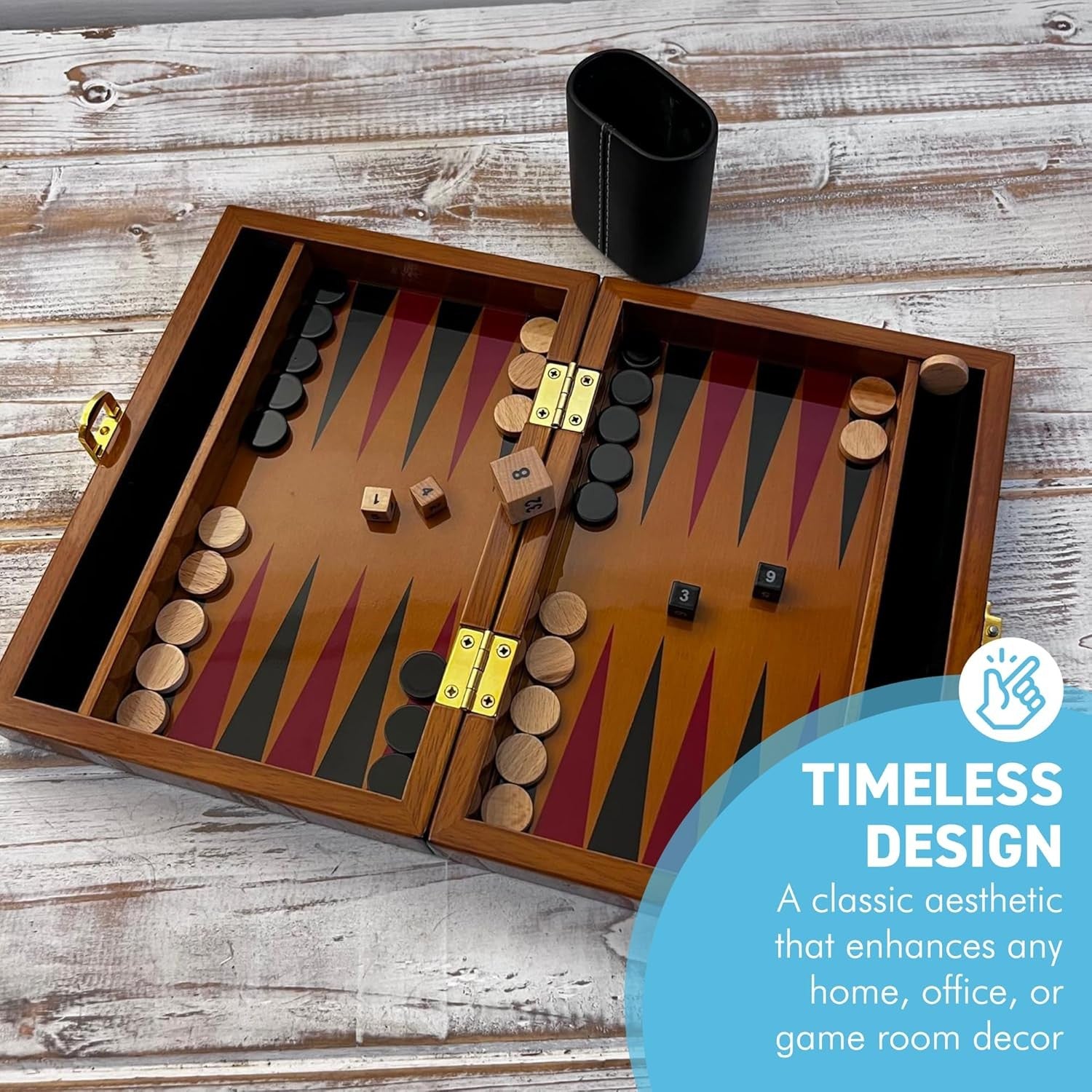 Deluxe Wooden Backgammon Set 30cm Lacquered Board with Leather Dice Cup