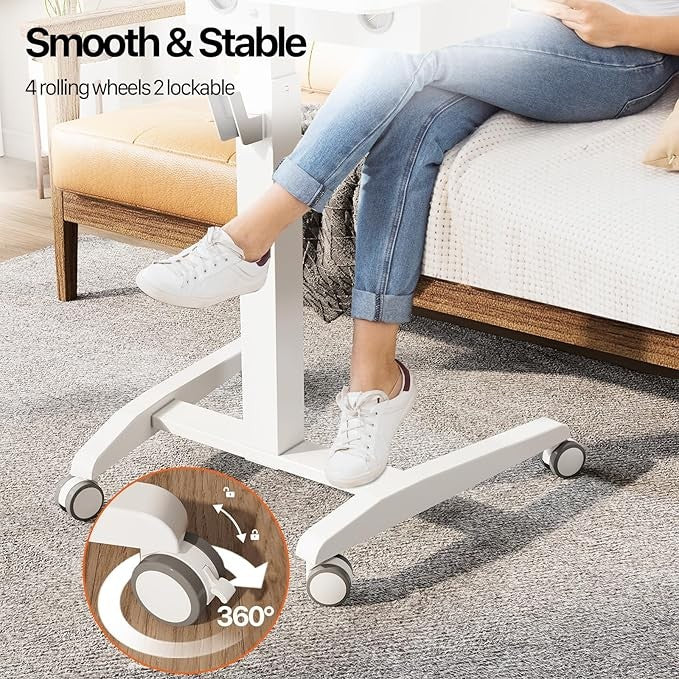 Height Adjustable Rolling Standing Laptop Desk with Shelf Mobile Table White